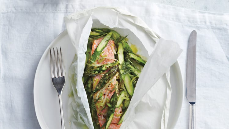 health and wellness mentor, coach and champion salmon, asparagus and leek in parchment
